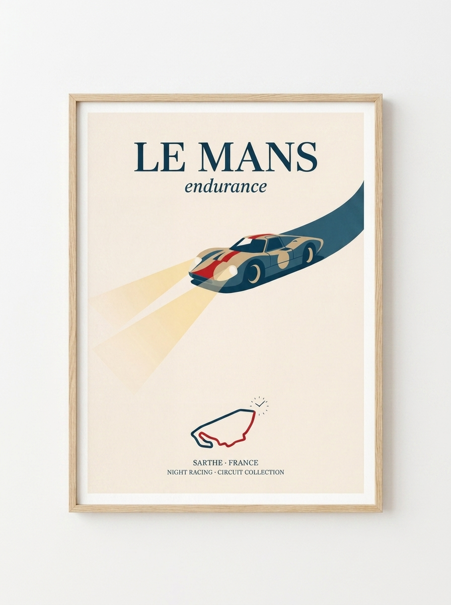 Rennstrecke Poster Le Mans – gerahmtes Poster an weißer Wand