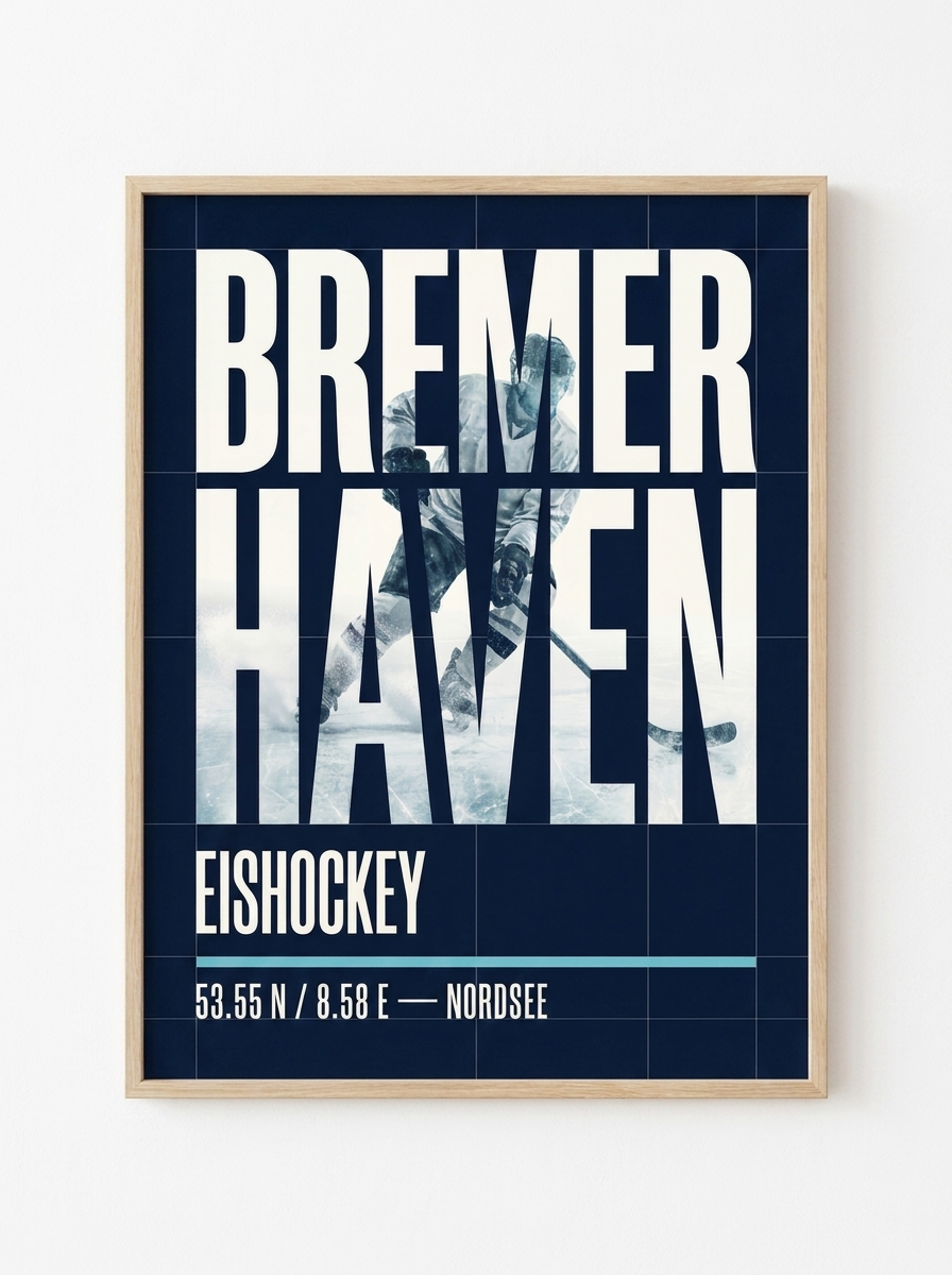 Eishockey Poster Bremerhaven – gerahmtes Poster an weißer Wand